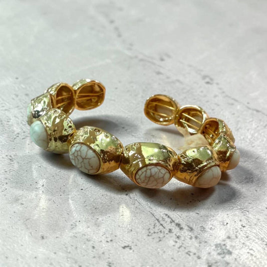 Gold Plated White Stone Bangle Bracelet, Handmade Statement Cuff, Textured Open Bangle