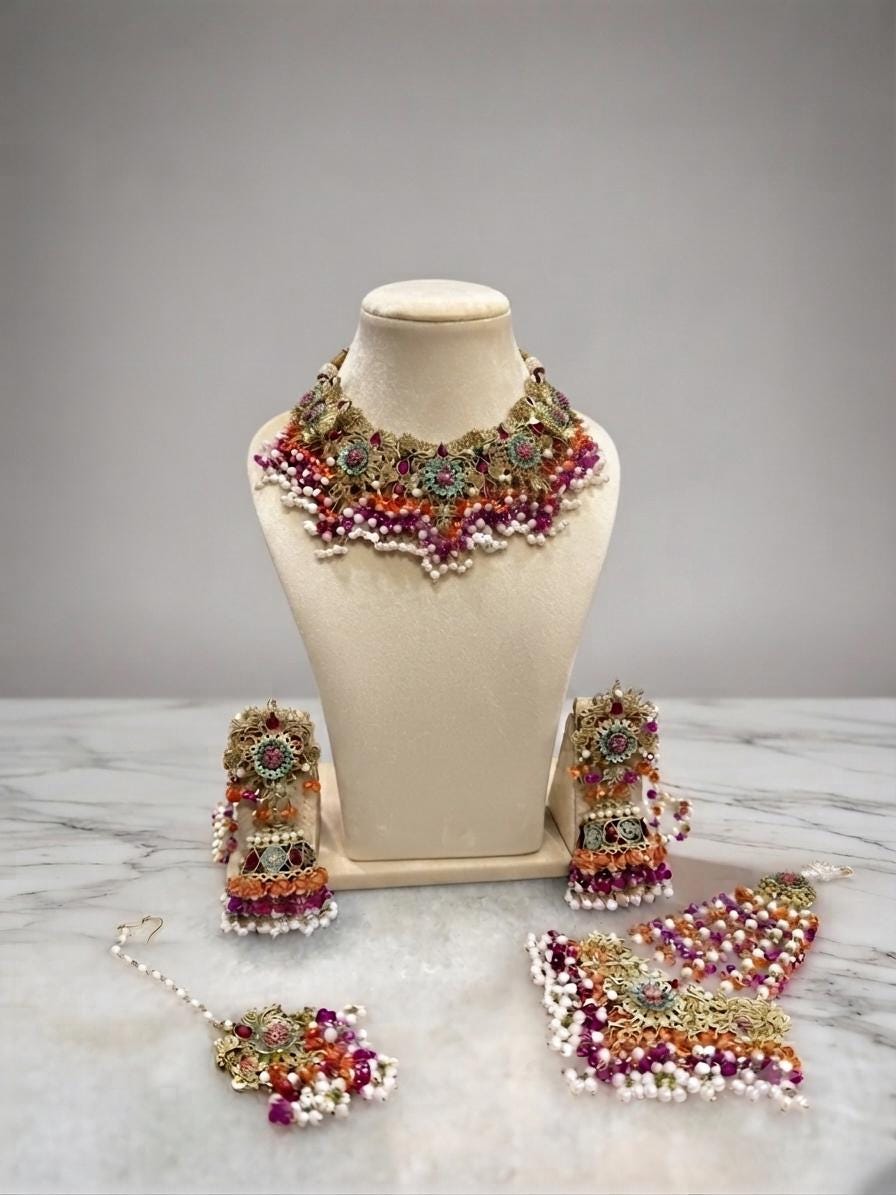 Exquisite hot pink and orange bridal Necklace Set with Earrings bindya and jhoomar - Gold plated traditional Pakistani Bridal Jewelry