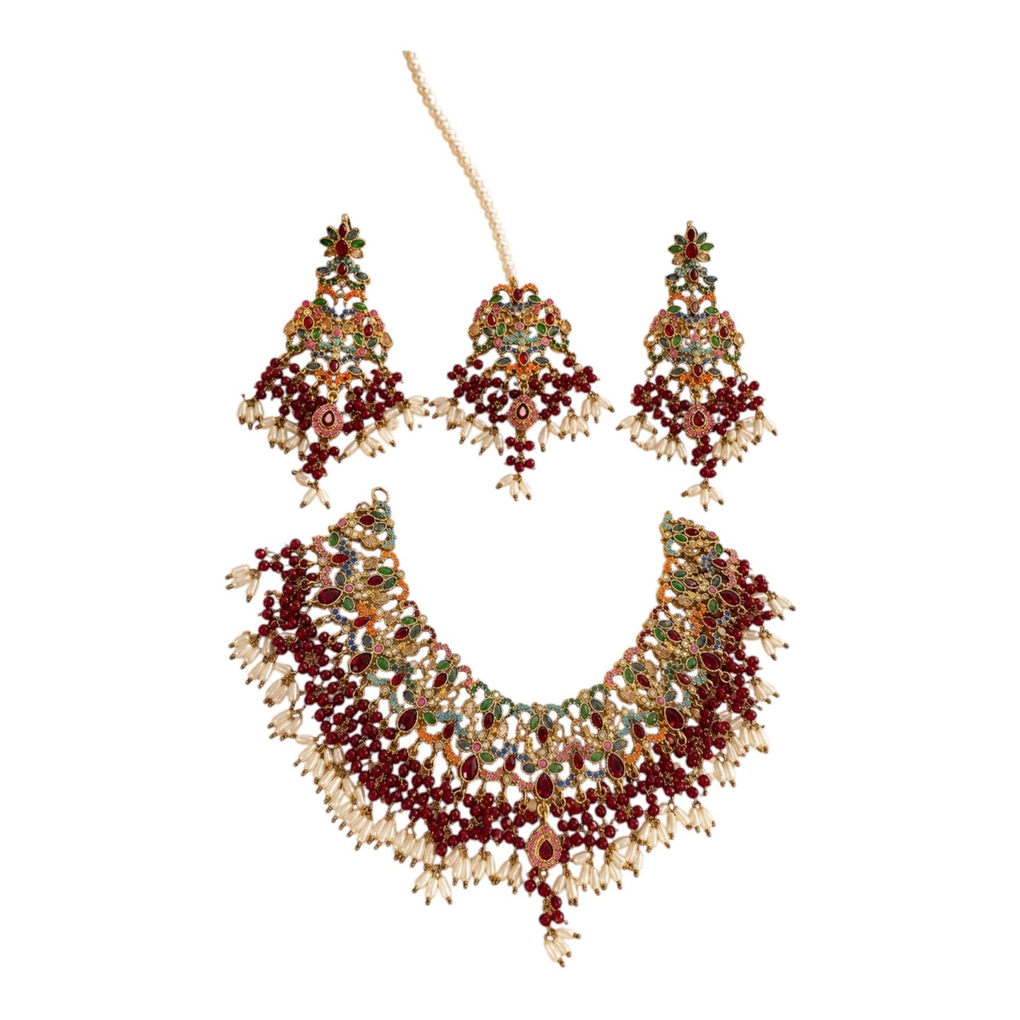 Exquisite Ruby and emerald Necklace Set with Earrings - Gold plated traditional Pakistani /Indian Bridal Jewelry