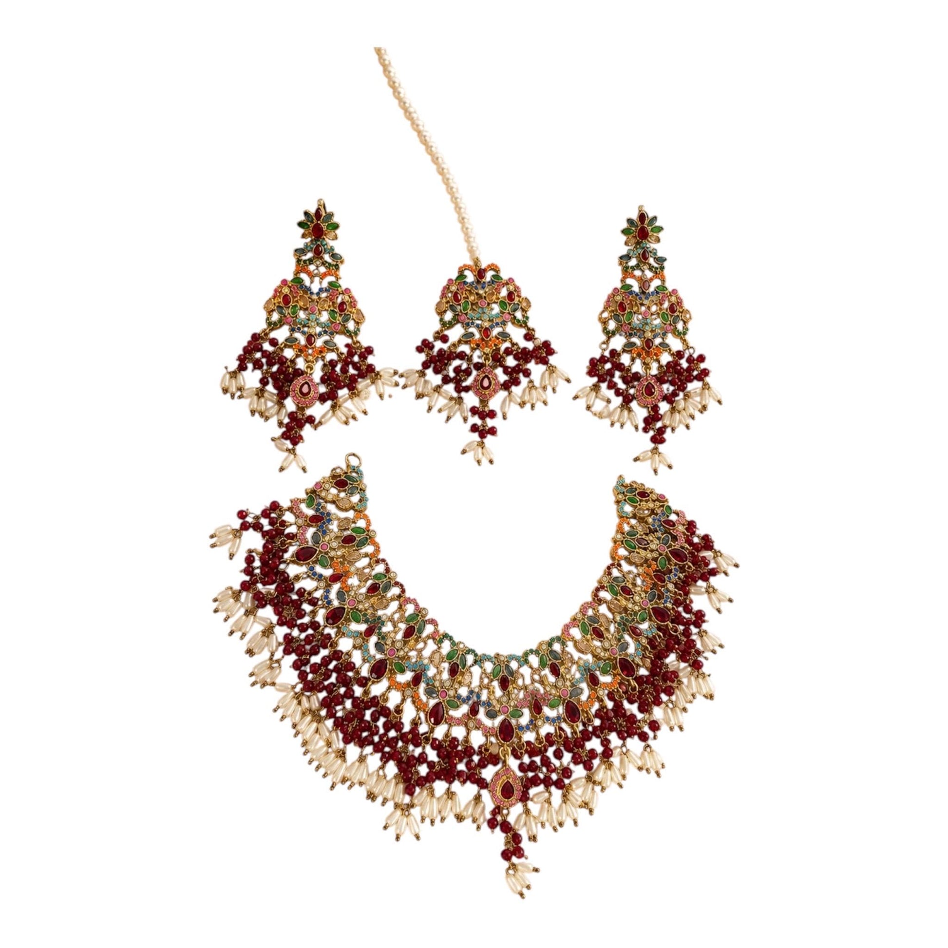 Exquisite Ruby and emerald Necklace Set with Earrings - Gold plated traditional Pakistani /Indian Bridal Jewelry