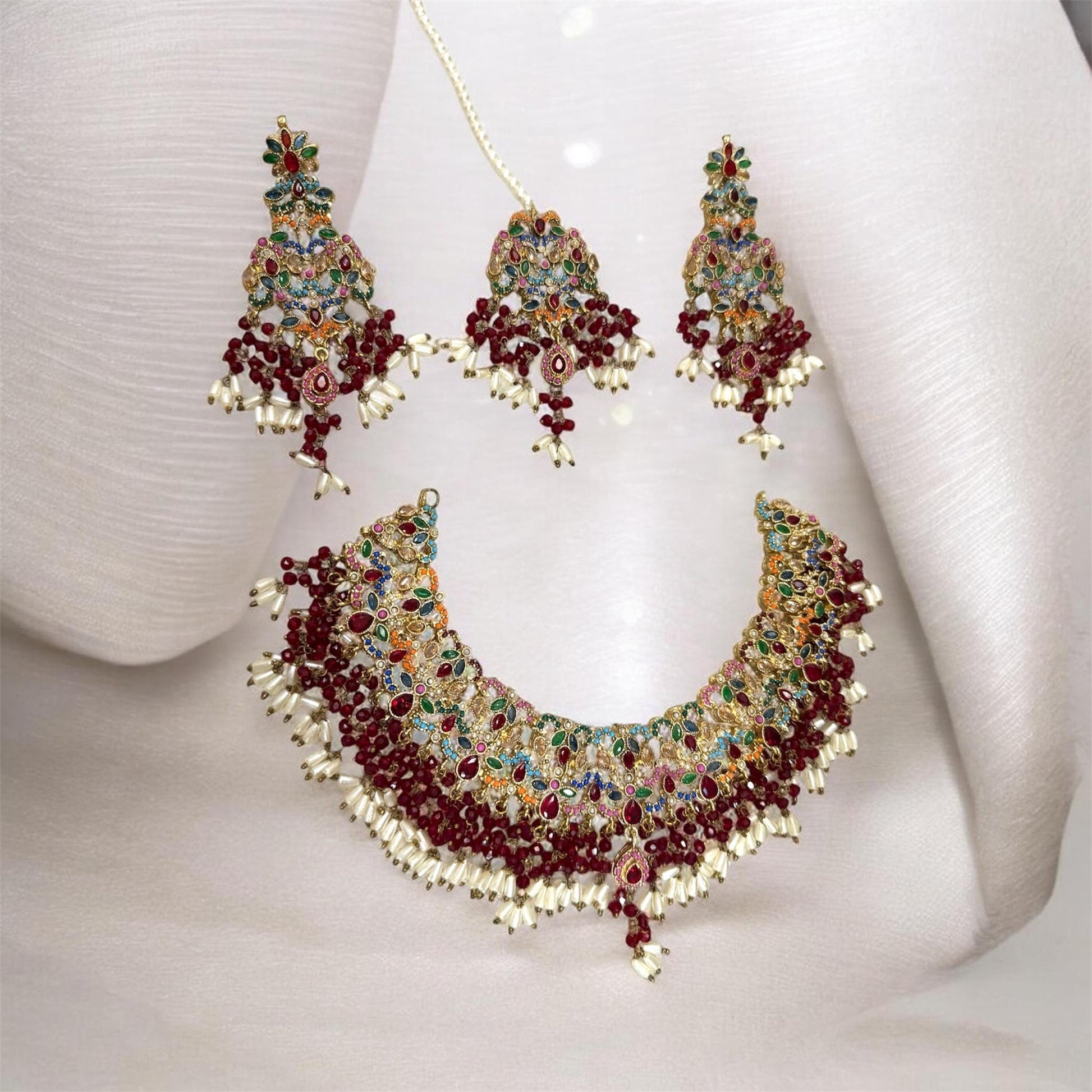 Exquisite Ruby and emerald Necklace Set with Earrings - Gold plated traditional Pakistani /Indian Bridal Jewelry