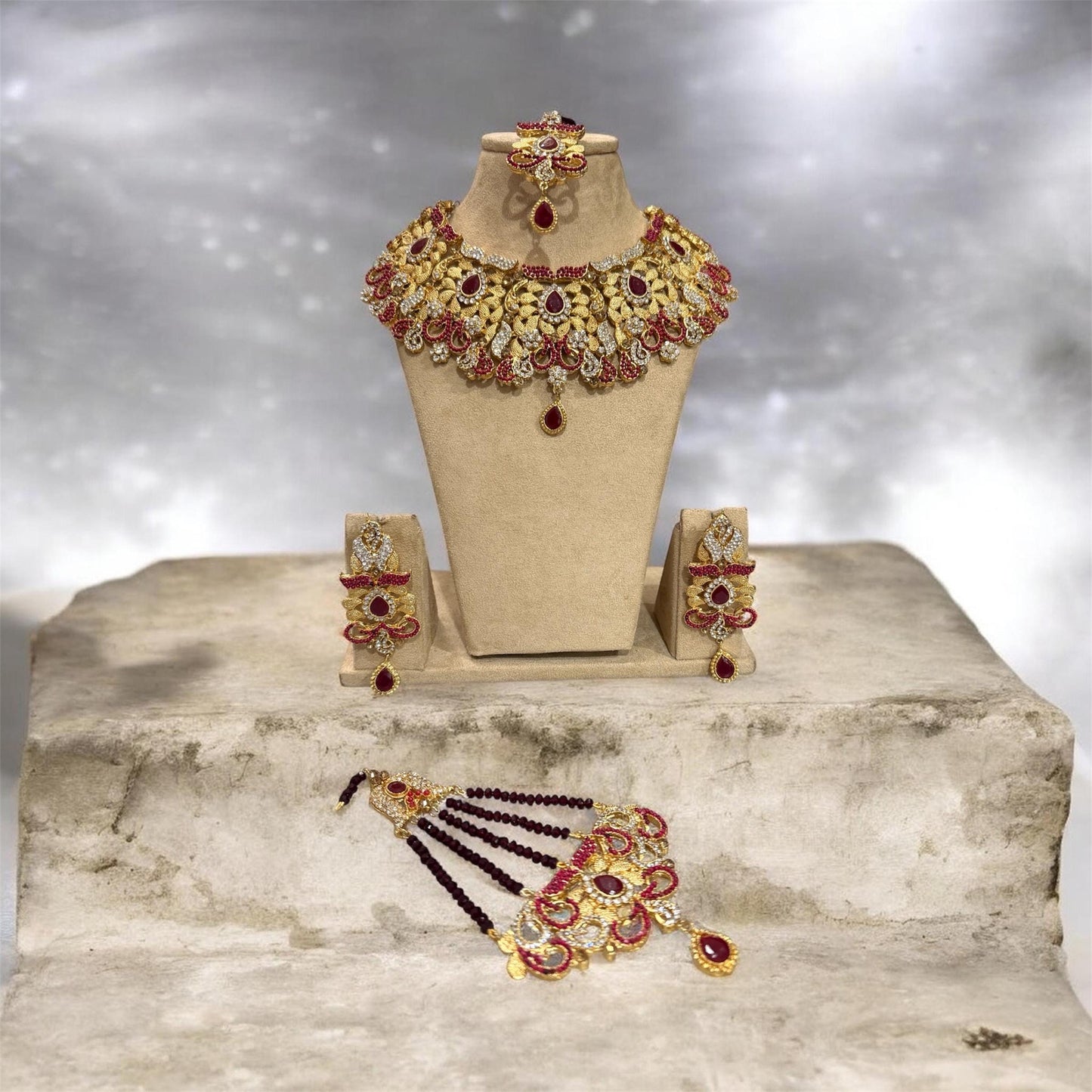 Exquisite maroon bridal Necklace Set with Earrings bindya and jhoomar - Gold plated traditional Pakistani Bridal Jewelry