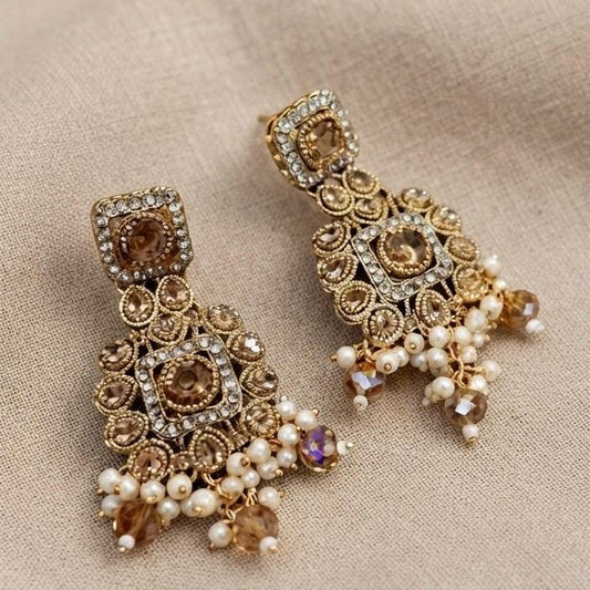 Champagne Floral Statement Earrings, Gold Tone Beaded Dangle Earrings