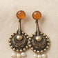 Vintage Tribal Drop Earrings, Silver Tone Pearl Dangle Earrings