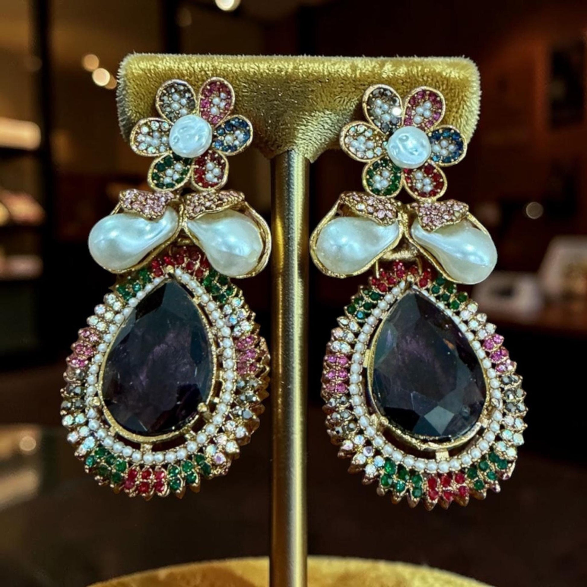Baroque Pearl Statement Earrings, Multicolor Floral Drop Earrings