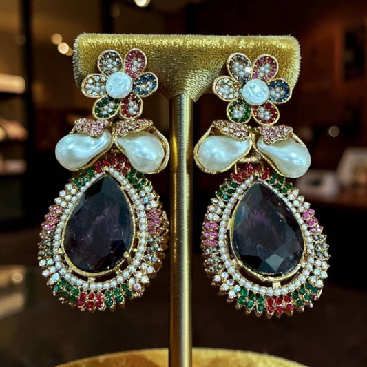 Baroque Pearl Statement Earrings, Multicolor Floral Drop Earrings