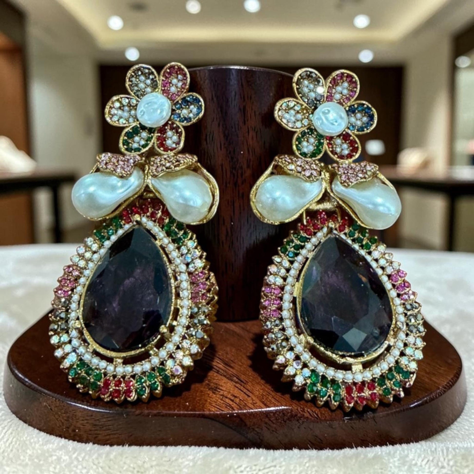 Baroque Pearl Statement Earrings, Multicolor Floral Drop Earrings