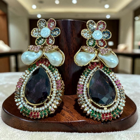 Baroque Pearl Statement Earrings, Multicolor Floral Drop Earrings