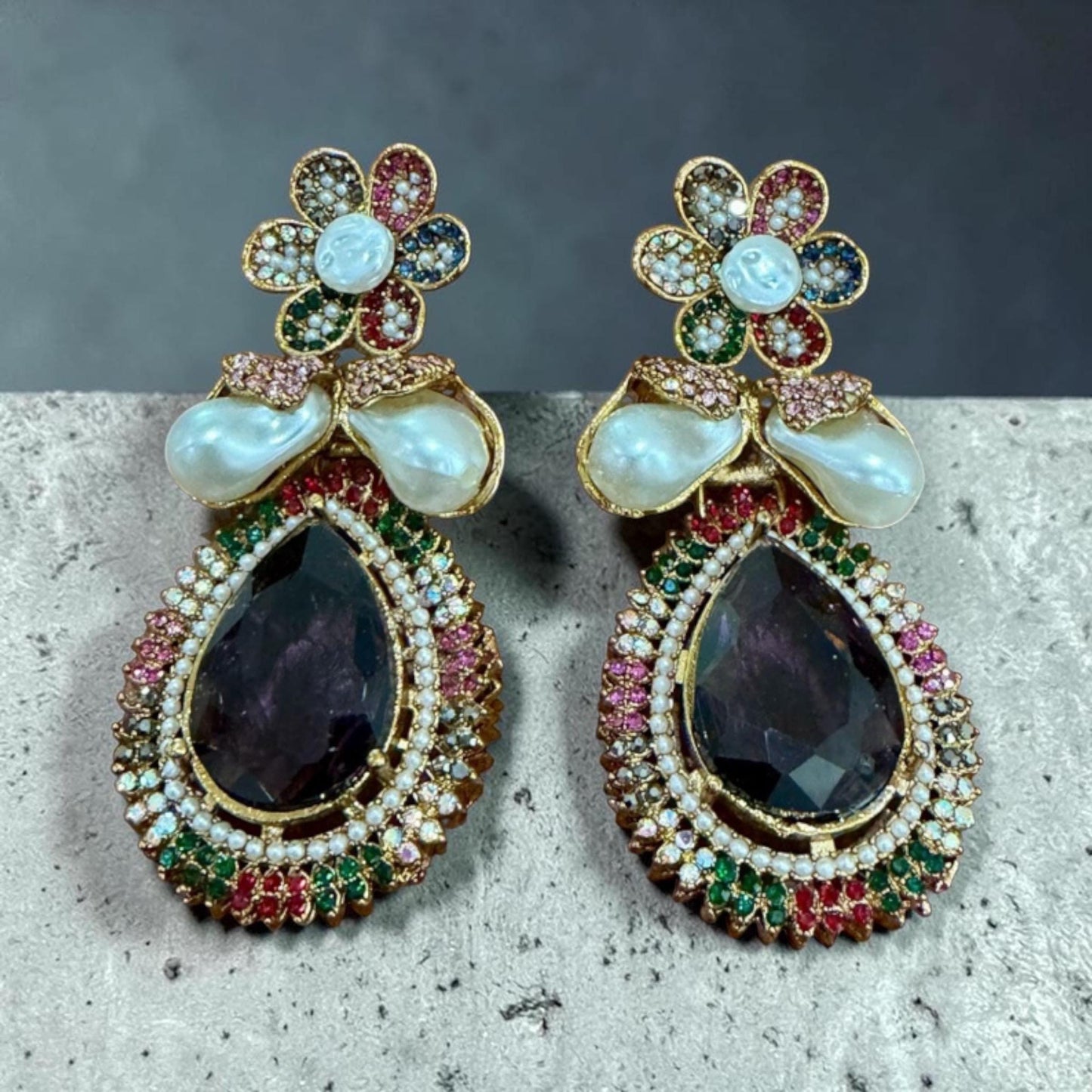 Baroque Pearl Statement Earrings, Multicolor Floral Drop Earrings