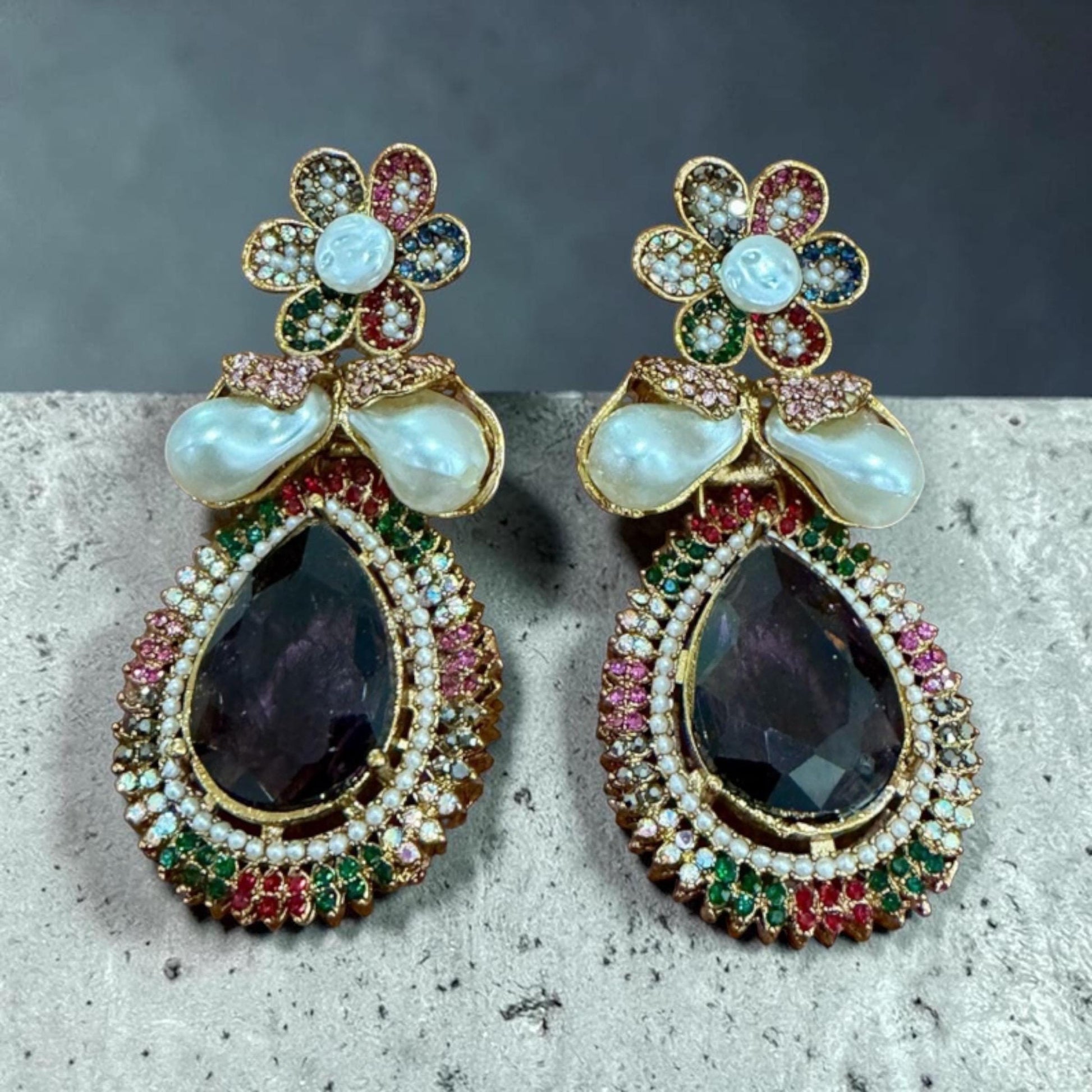 Baroque Pearl Statement Earrings, Multicolor Floral Drop Earrings