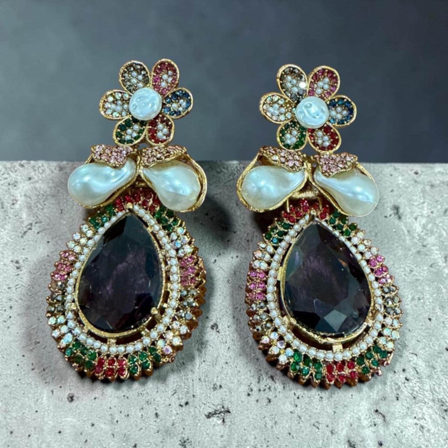 Baroque Pearl Statement Earrings, Multicolor Floral Drop Earrings
