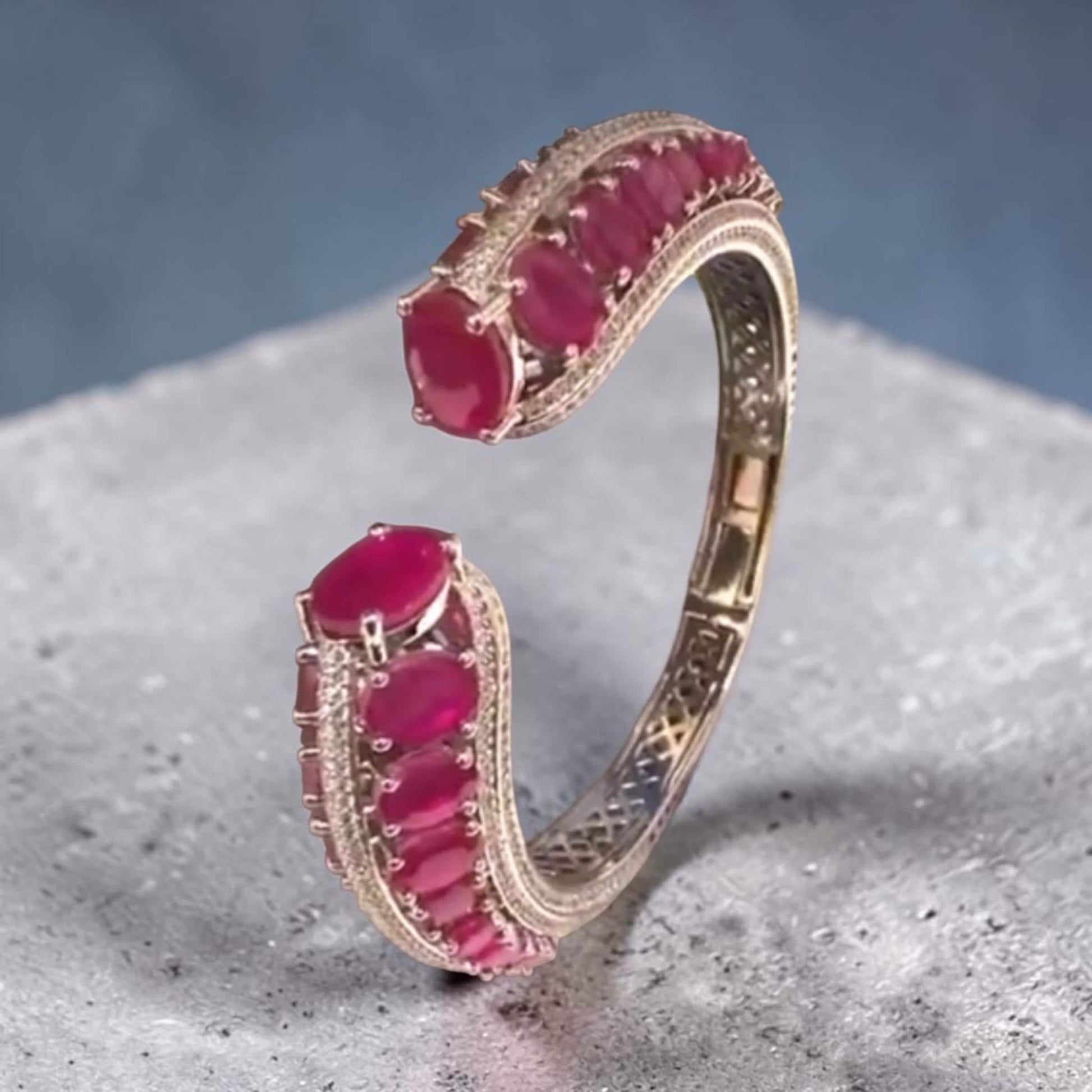 Ruby Red Cuff Bracelet, Gold Plated Open Bangle, Statement Bracelet