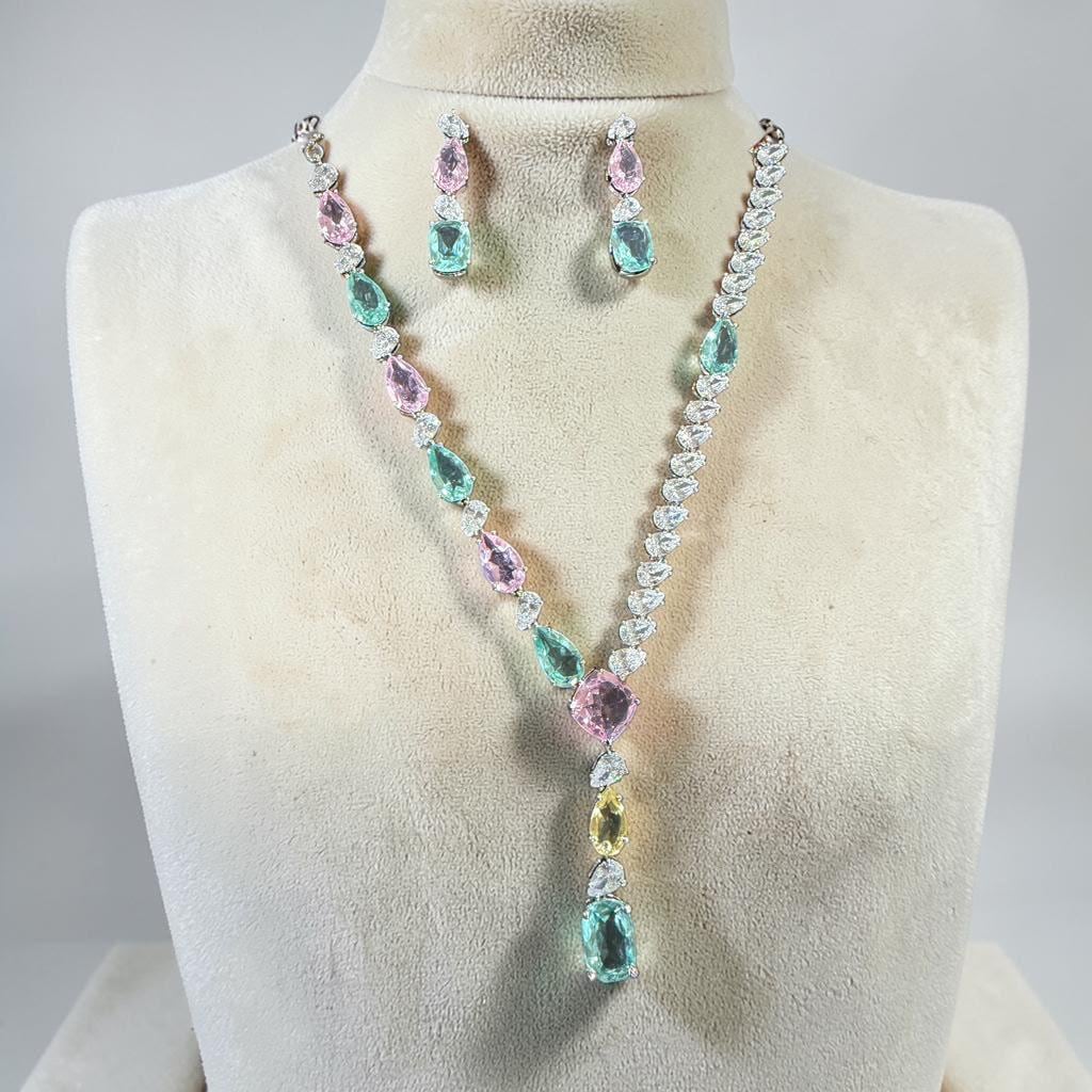 Elegant Statement Y Necklace Set with mint green and blush Pink Stones