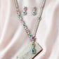 Elegant Statement Y Necklace Set with mint green and blush Pink Stones