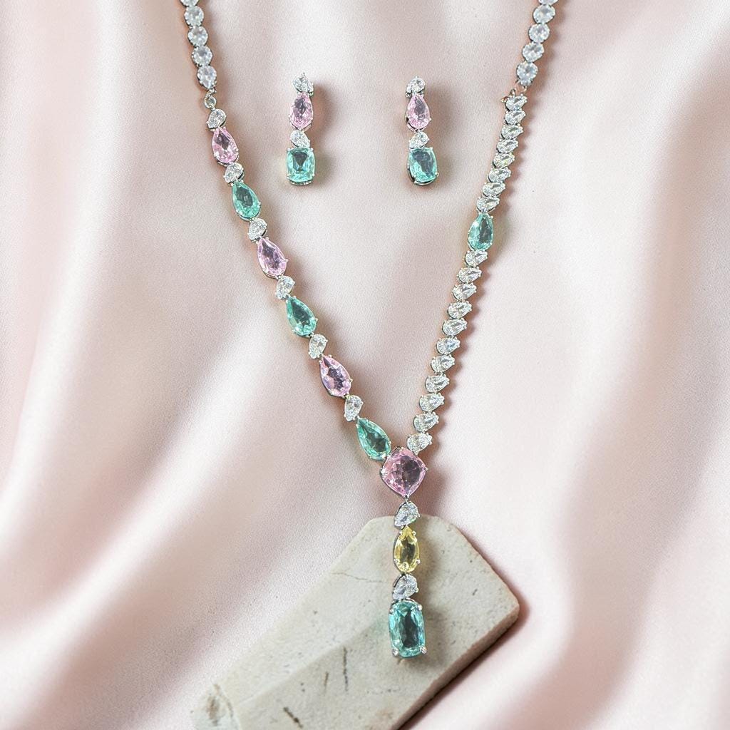 Elegant Statement Y Necklace Set with mint green and blush Pink Stones