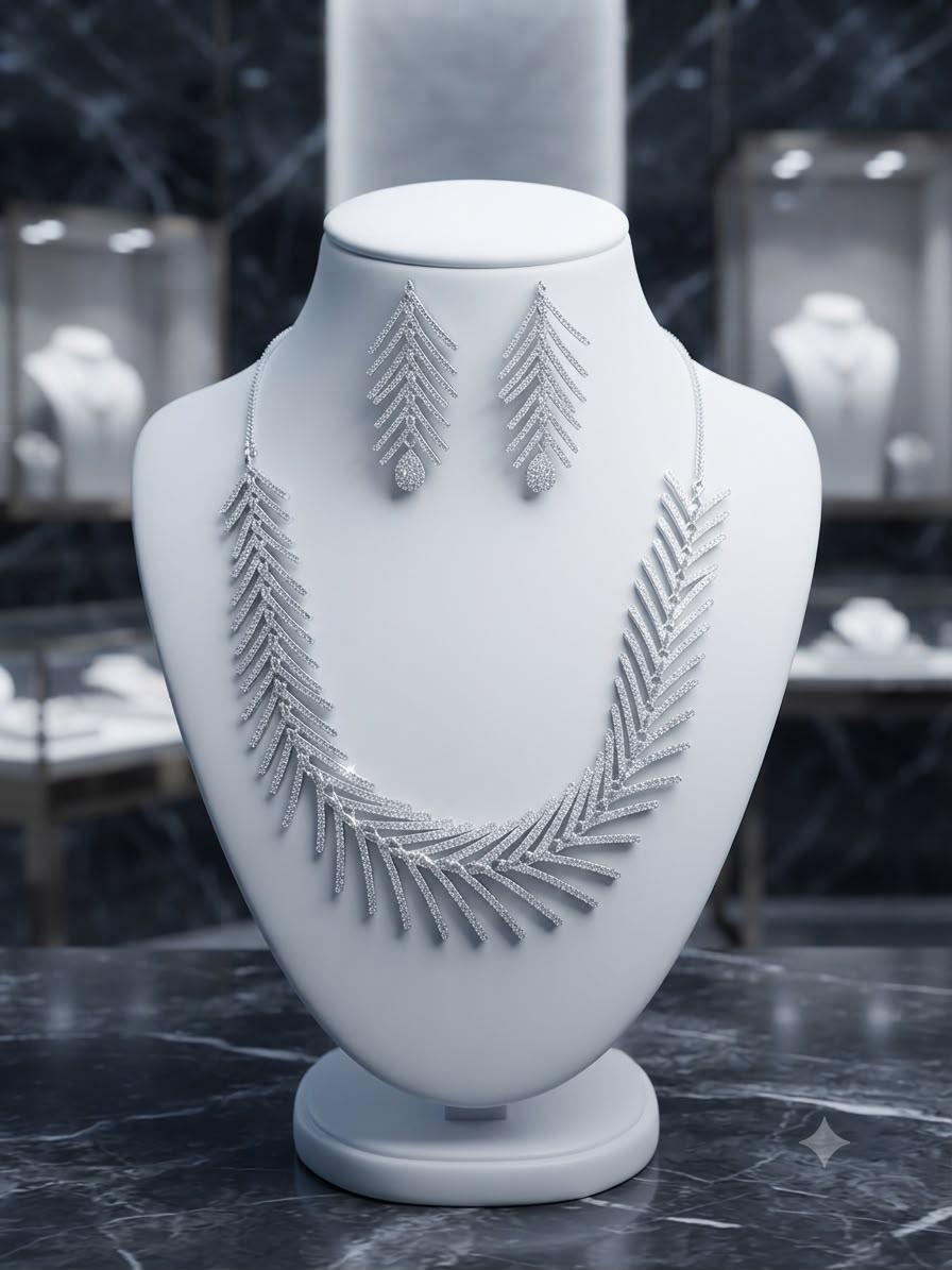 Leaf Statement Necklace Set with Rhodium Finish and Cubic Zirconia Drop Earrings