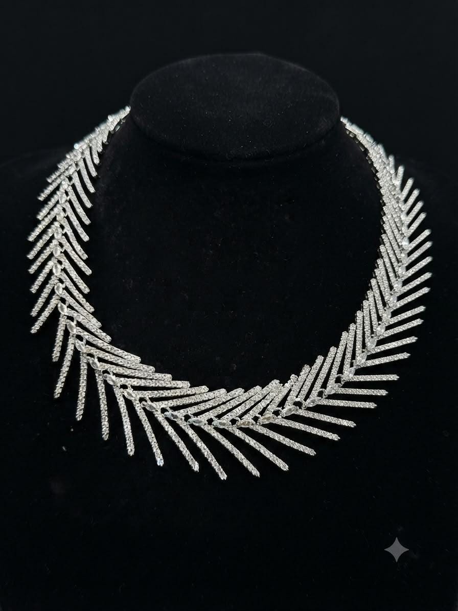 Leaf Statement Necklace Set with Rhodium Finish and Cubic Zirconia Drop Earrings