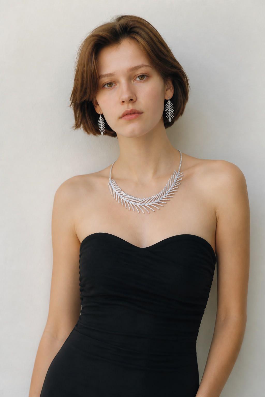 Leaf Statement Necklace Set with Rhodium Finish and Cubic Zirconia Drop Earrings