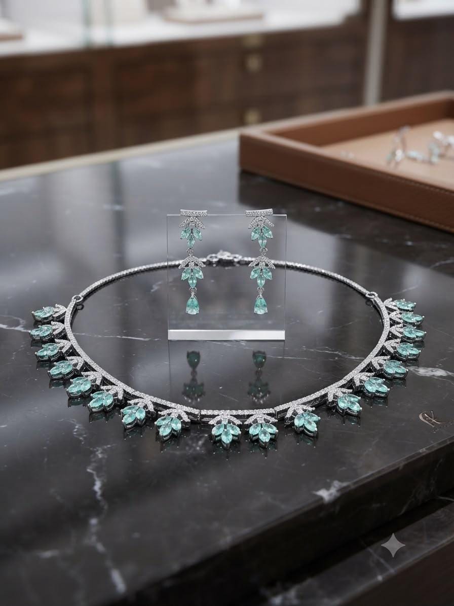 Elegant Leaf Motif Necklace Set with Simulated Emerald Stones
