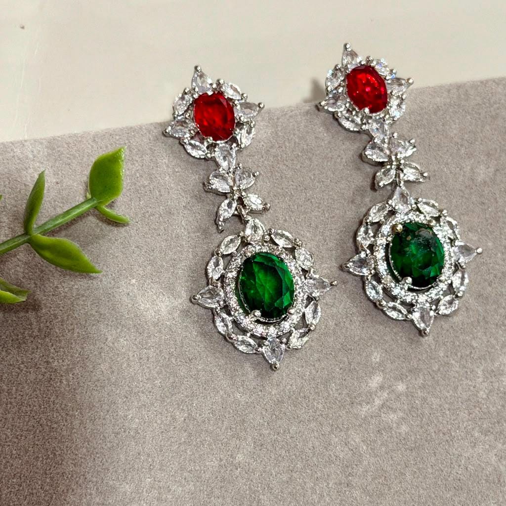Art Deco Necklace Set with Emerald Sapphire and Ruby Pink Stones