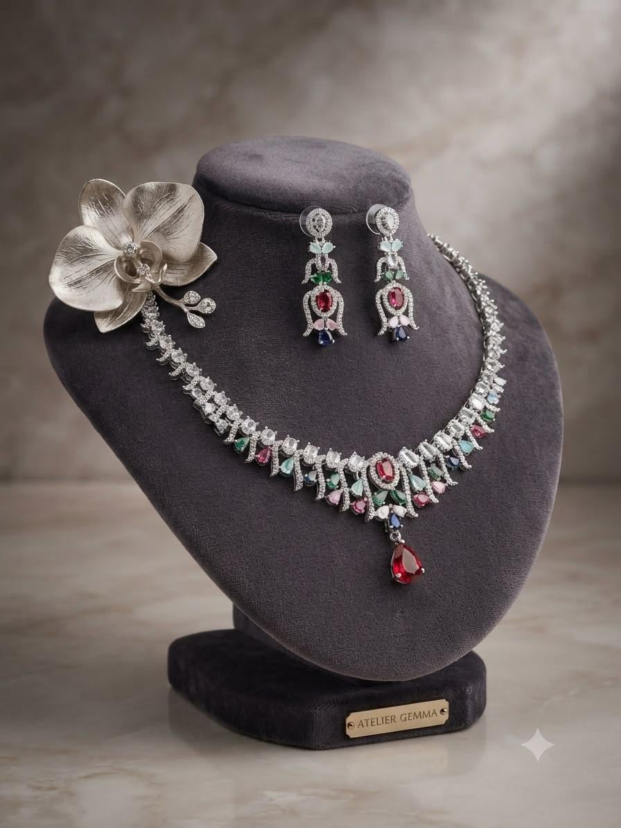 Ruby Pink Teardrop Necklace Set with Emerald and Sapphire CZ Accents