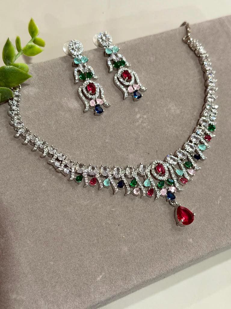 Ruby Pink Teardrop Necklace Set with Emerald and Sapphire CZ Accents