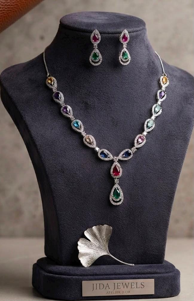 Multicolor Teardrop Necklace Set with Emerald Ruby Pink and Sapphire CZ