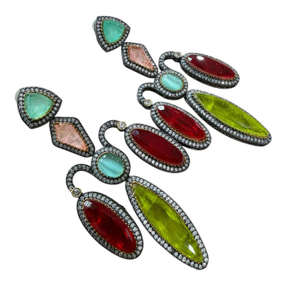 Art Deco Statement Earrings with Emerald Ruby Pink and Sapphire CZ