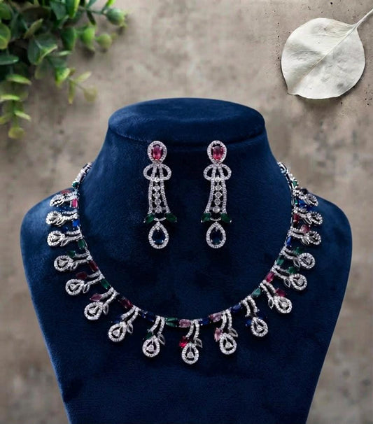 Colorful Gemstone Choker/Necklace Set with Rhodium Finish