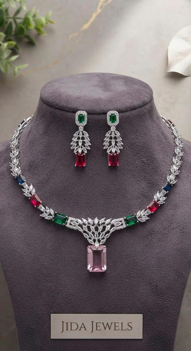Minimal Gemstone Necklace Set with Statement Drop Earrings