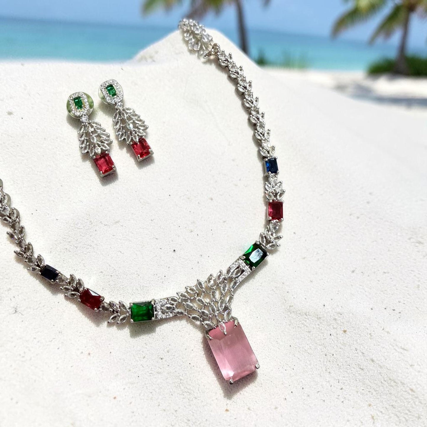 Minimal Gemstone Necklace Set with Statement Drop Earrings