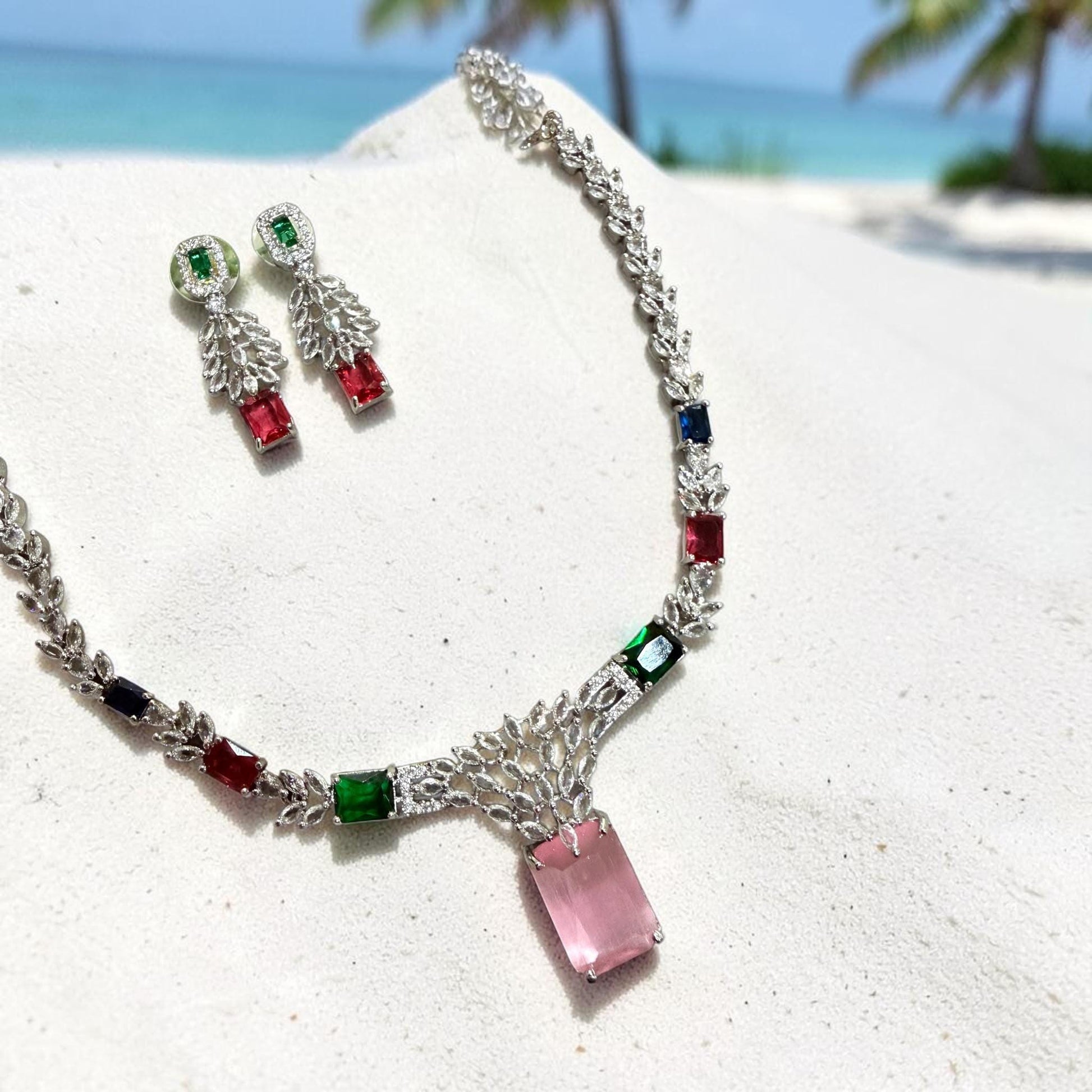 Minimal Gemstone Necklace Set with Statement Drop Earrings