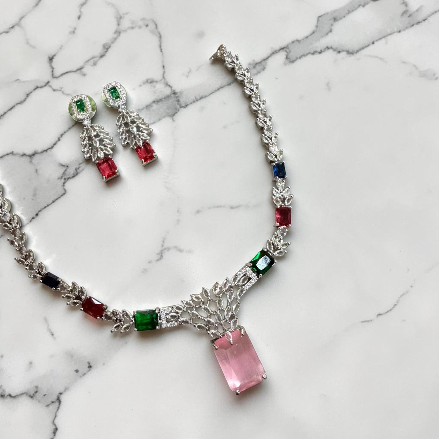 Minimal Gemstone Necklace Set with Statement Drop Earrings