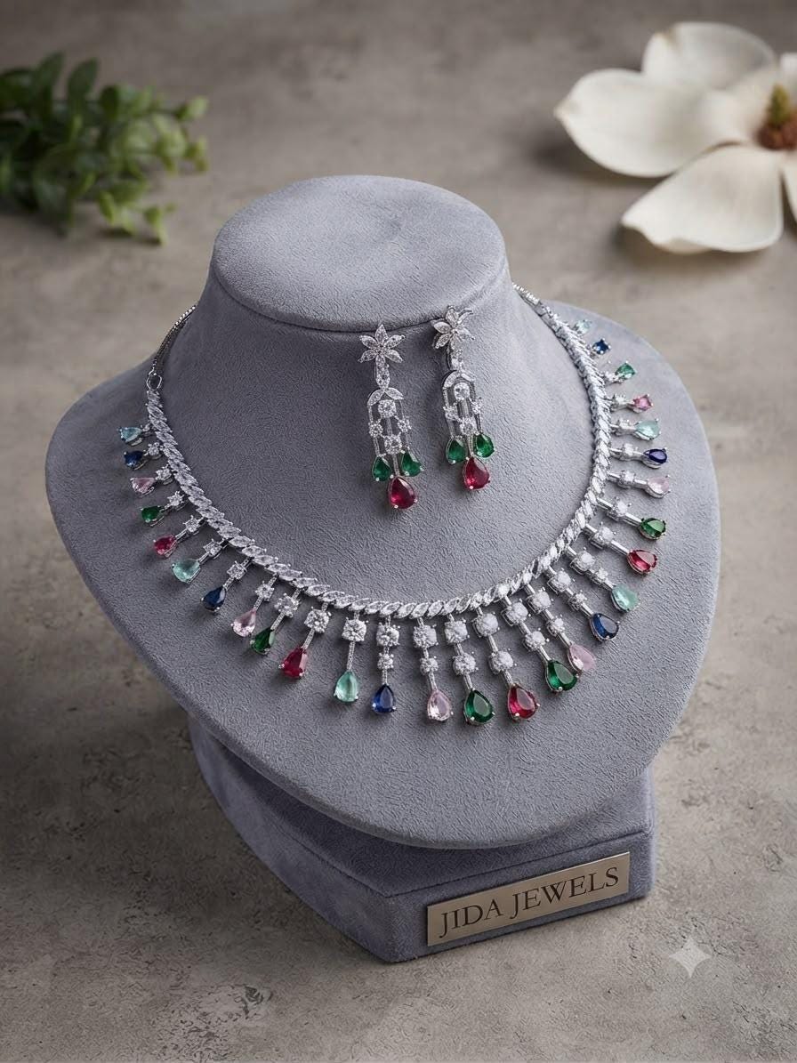 Elegant Gemstone Choker/Necklace Set with Coordinated Earrings