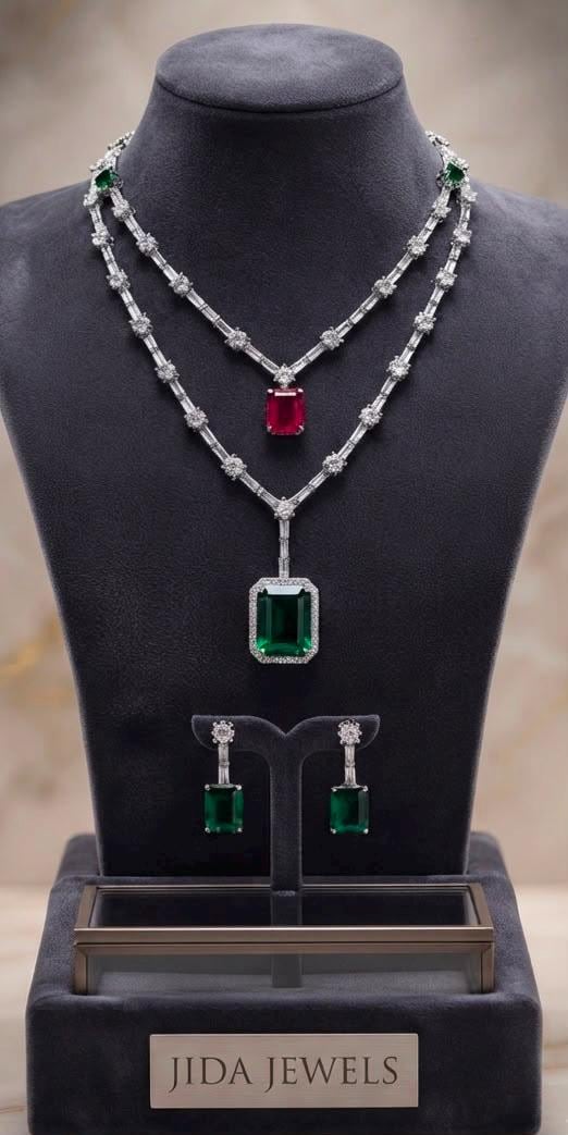 Two Layer Statement Necklace Set with Emerald Cubic Zirconia and Ruby Pink Accent