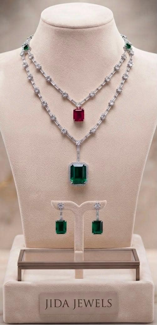 Two Layer Statement Necklace Set with Emerald Cubic Zirconia and Ruby Pink Accent