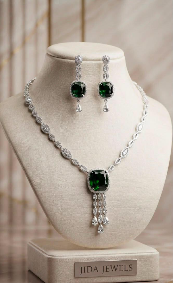 Elegant Emerald Necklace Set with Cascading Pendant and CZ Drop Earrings