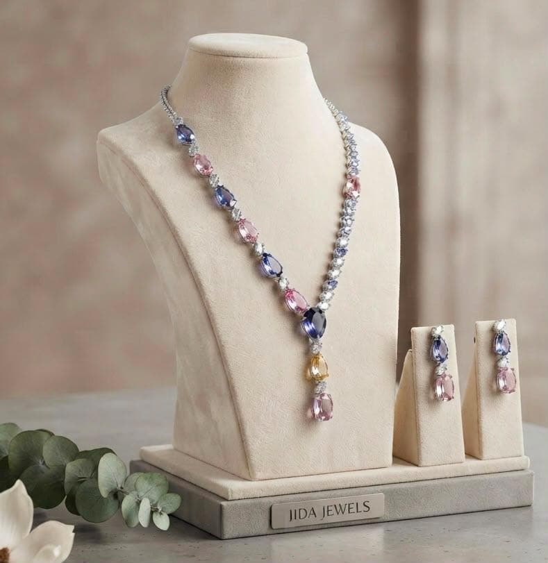 Elegant Statement Y Necklace Set with mint green and blush Pink Stones