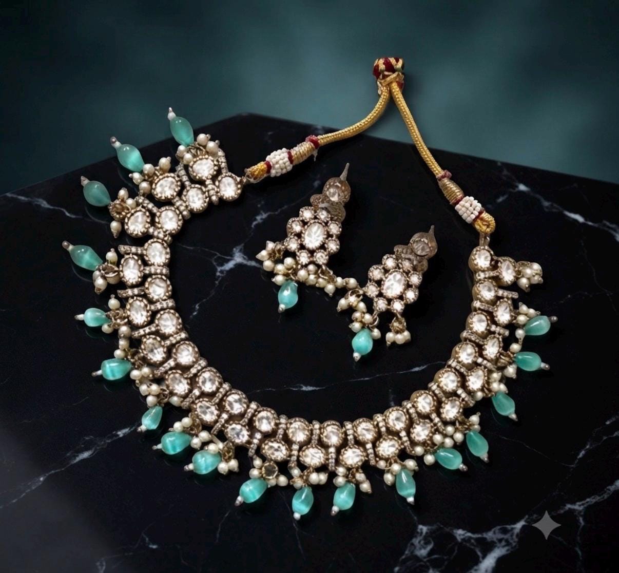 Luxury Choker/ Necklace Set with mint Beads and Pearl with monzonite gold plated