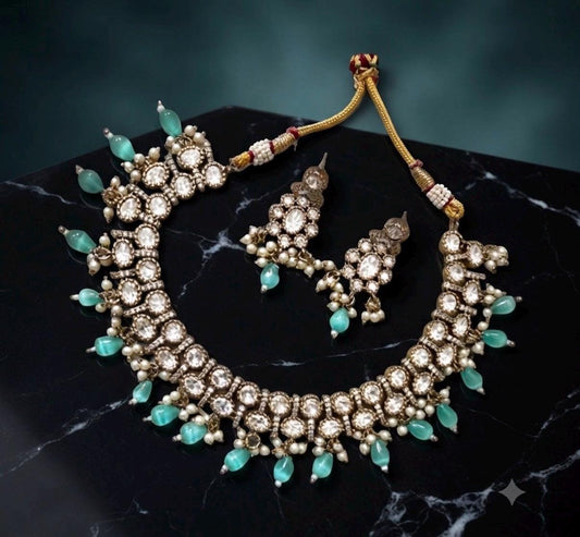 Luxury Choker/ Necklace Set with mint Beads and Pearl with monzonite gold plated