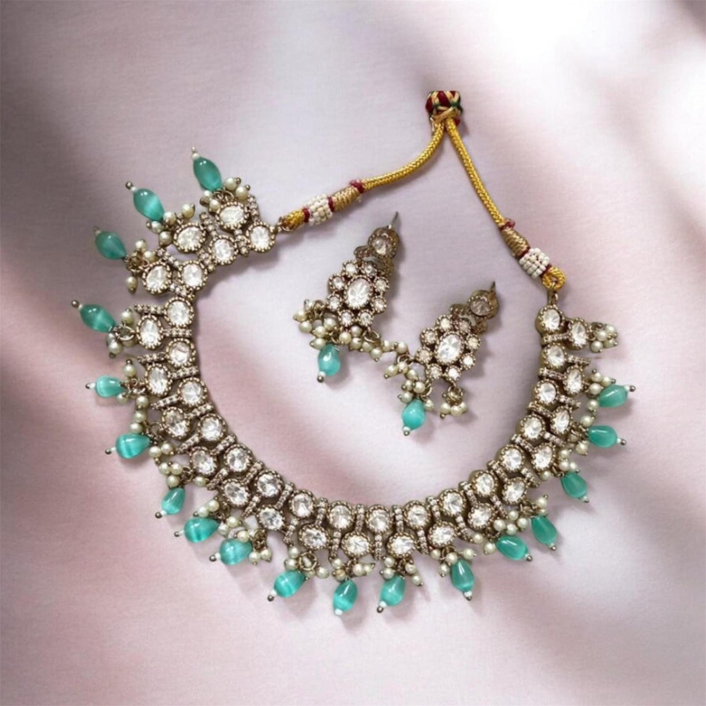 Luxury Choker/ Necklace Set with mint Beads and Pearl with monzonite gold plated