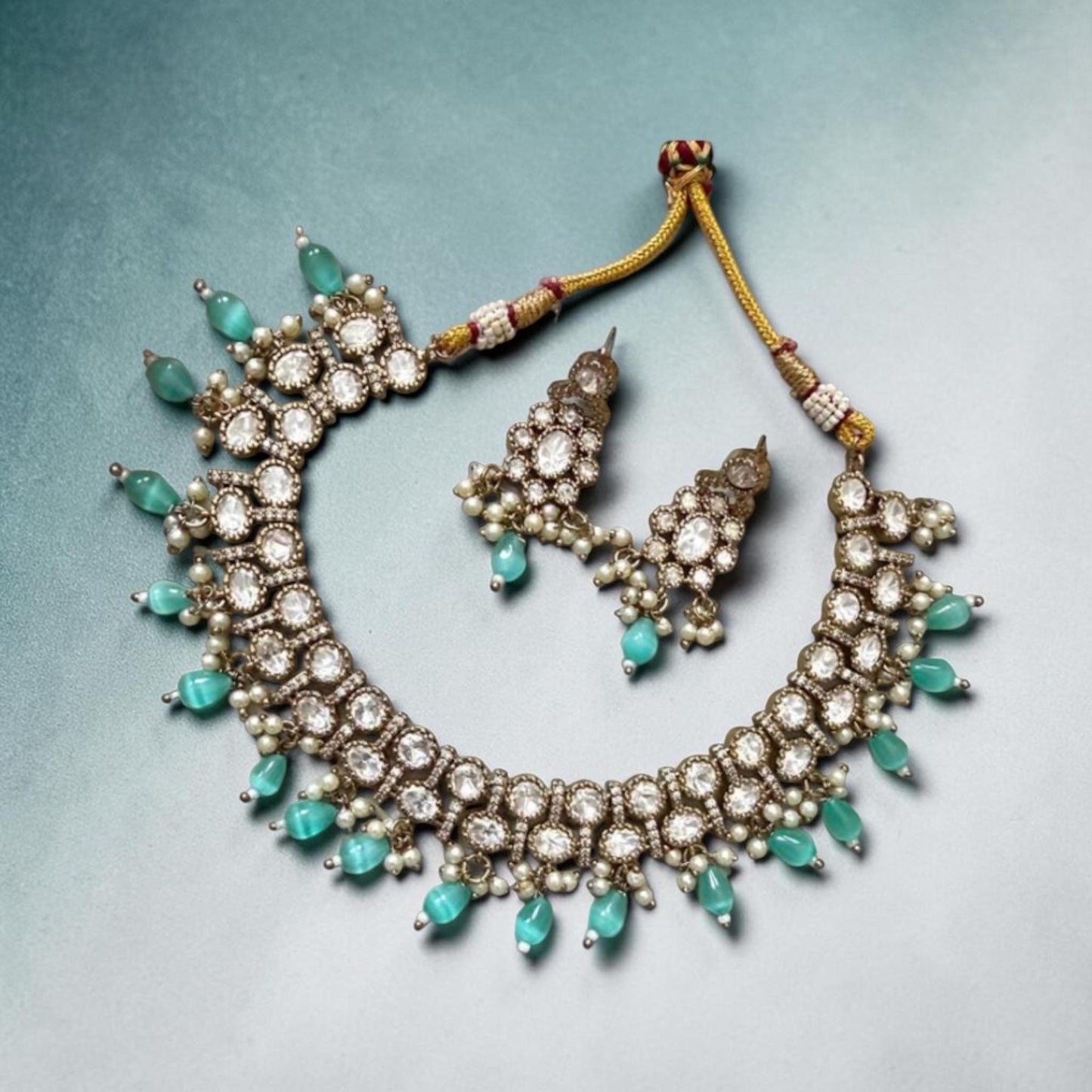 Luxury Choker/ Necklace Set with mint Beads and Pearl with monzonite gold plated