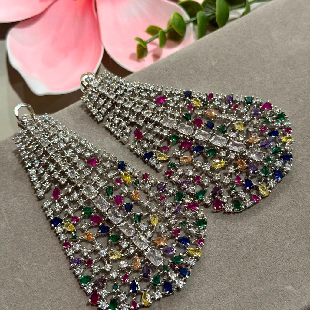 Designer Openwork Dangle Earrings Featuring Multicolor CZ Stones and Geometric Statement Style