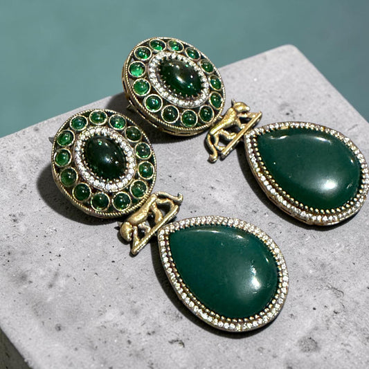 Designer Emerald Green Drop Earrings with Gold Plated Finish, Vintage Style Statement Earrings