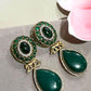 Designer Emerald Green Drop Earrings with Gold Plated Finish, Vintage Style Statement Earrings