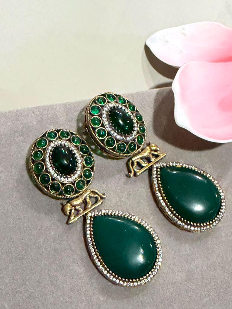 Designer Emerald Green Drop Earrings with Gold Plated Finish, Vintage Style Statement Earrings