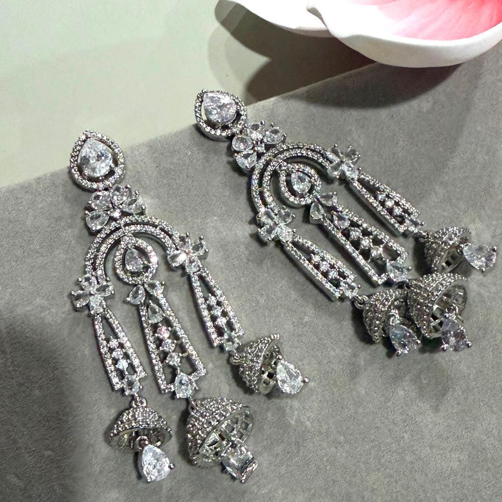 Statement Jhumka Dangle Earrings with Rhodium Finish , Classic Jewelry for Women
