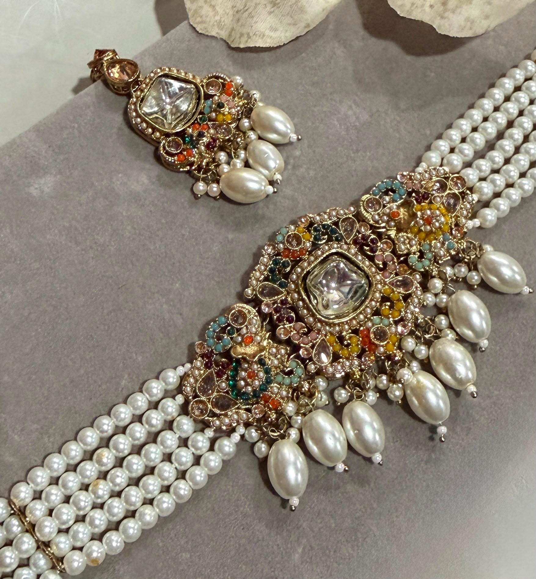 Gold Plated Choker/ Necklace Set with Monzonite Stones, Multi Strand Pearl Necklace and Earrings