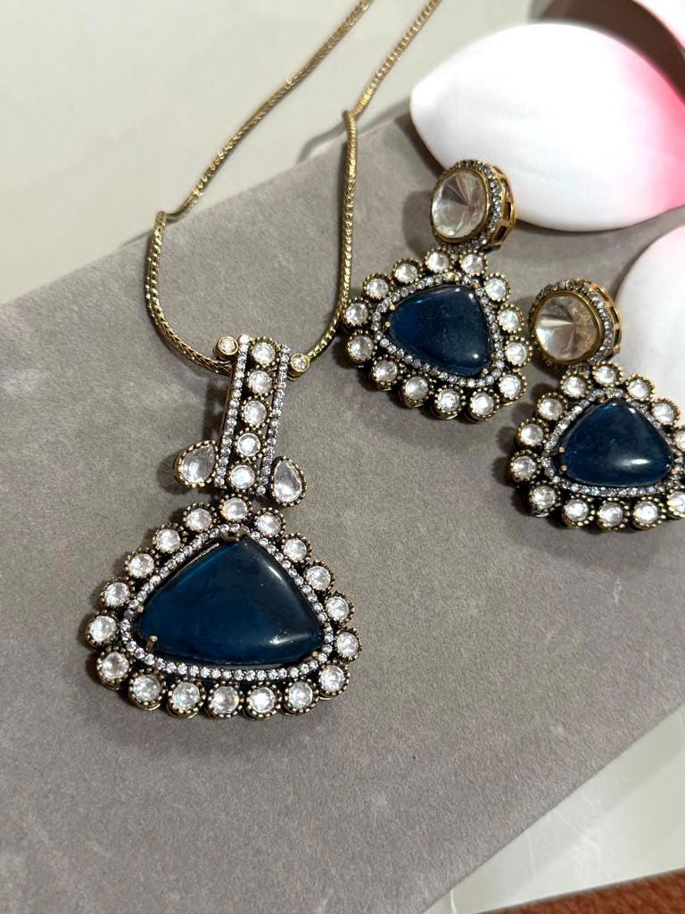Gold Plated Pendant Necklace Set with Monzonite Stones, Statement Jewelry with Earrings