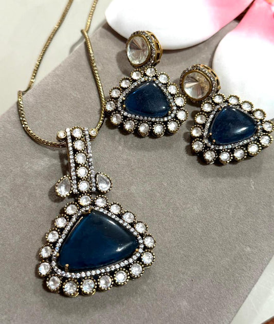 Gold Plated Pendant Necklace Set with Monzonite Stones, Statement Jewelry with Earrings